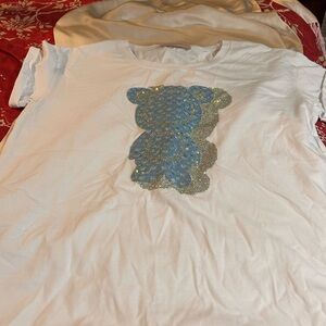 Women’s White Tee with Blue and Gold Sequin Design.  From Italy.  Never worn.